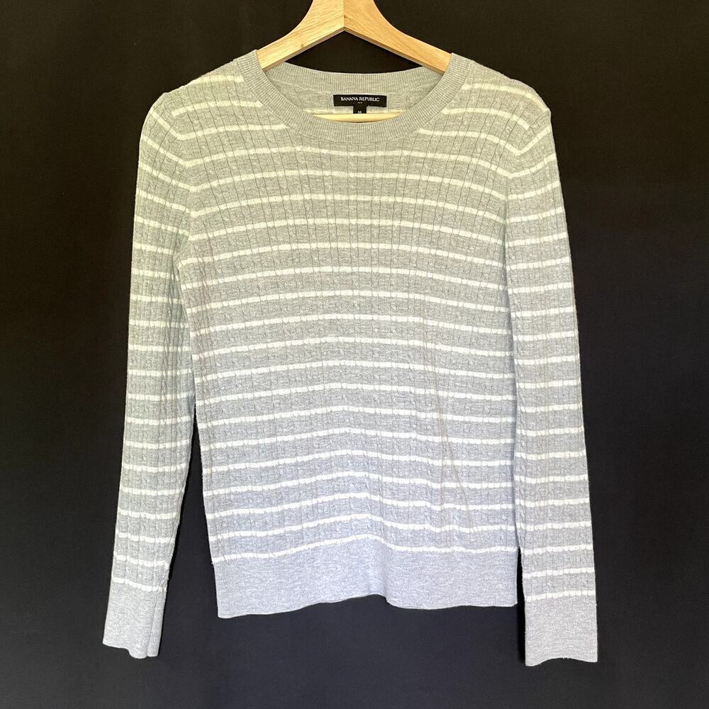 Banana Republic Striped Cable Knit Sweater Medium Grey White Women Cotton Blend